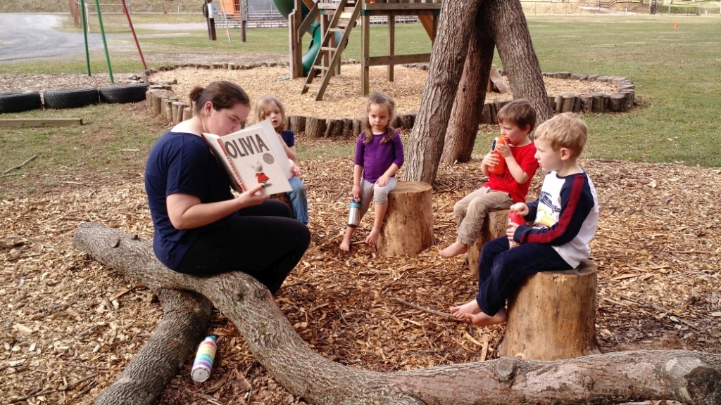 Story time is regularly held outside.